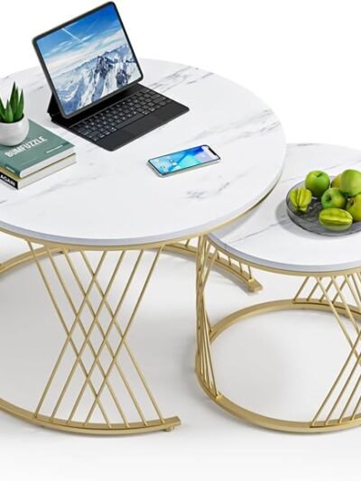 Giluta Round Coffee Table Set of 2, Modern Coffee Tables for Living Room, Faux Marble Center Table, Nesting Coffee Table Simple Nightstand